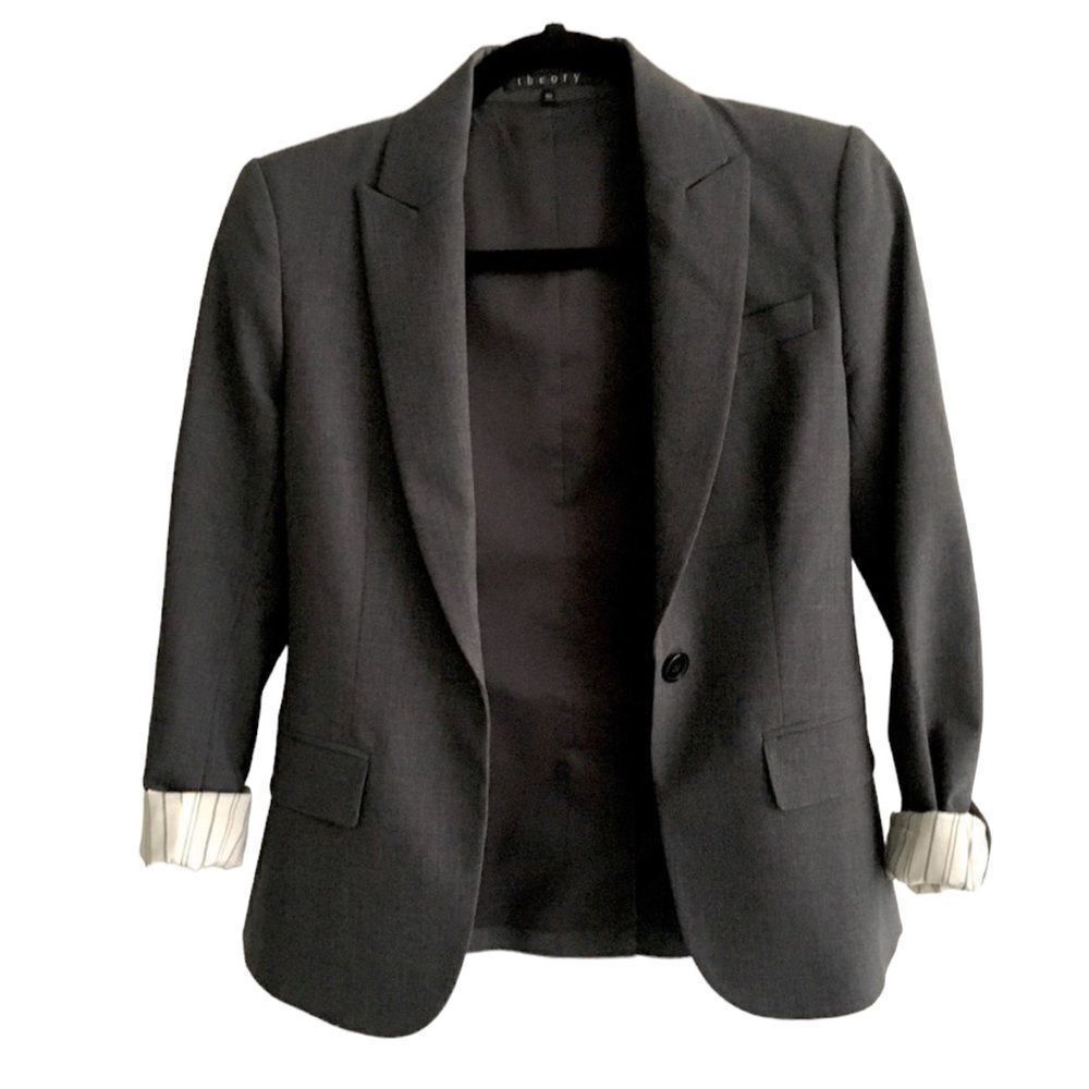 THEORY Gabe Wool Stretch Single Button Blazer Charcoal Gray 00